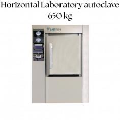 Labtron horizontal laboratory autoclave, with a weight of 650 kg, is designed with high-quality insulation, an air-sealed structure, and safety features like automatic shutoff. It features a 250-liter capacity pulse vacuum, a self-inflating leak-proof chamber, and compressed air pressure from 0.6 to 0.8 MPa. 