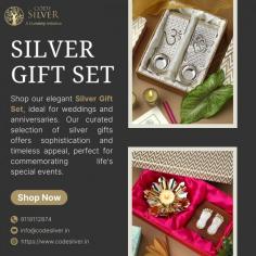 Shop our elegant silver gift set, ideal for weddings and anniversaries. Our curated selection of silver gifts offers sophistication and timeless appeal, perfect for commemorating life's special events.

Get more info:- 
Email Id	info@codesilver.in
Phone No	9119112874	
Website	https://www.codesilver.in/collections/codesilver-hampers
