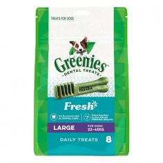 Greenies Fresh Large Dog Dental Treats are extremely healthy and helps your dog keep their teeth in good condition. These dental treats come in a chewy texture and very easy to digest. Moreover, these fresh treats help in fighting plaque and tartar. These greenies treats help in promoting oral health and is widely recommended by vets all over the world.
