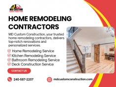MD Custom Construction offers top-notch home remodeling services with experienced contractors dedicated to transforming your space. Our skilled team specializes in kitchen and bathroom remodels, basement renovations, and more. Trust our home remodeling contractors to deliver quality craftsmanship and exceptional customer service.