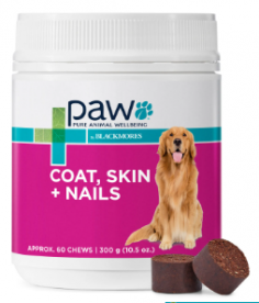 "PAW Coat, Skin & Nails is a highly palatable multivitamin chews designed specifically for dogs. This low fat kangaroo based chews contains essential nutrients such as Biotin, Silica and Chia seeds that helps in the support of a healthy skin. 

For More information visit: www.vetsupply.com.au
Place order directly on call: 1300838787"