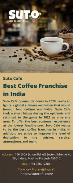 Best Coffee Franchise in India
Suto Cafe opened its doors in 2020, ready to ignite a global culinary revolution that would honour food culture worldwide. Suto Cafe took a short hiatus during the epidemic and returned to the game in 2022 as a serene area. To offer the best customer experience at the lowest feasible cost, Suto Cafe wants to be the best coffee franchise in India. In addition, we strive to improve the level of dedication to the cuisine, service, atmosphere, and team.
For more details visit us at: https://sutocafe.com/
