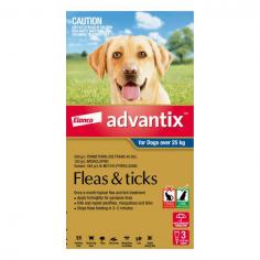 Advantix for Extra Large Dogs is a topical solution that provides protection against fleas and ticks in puppies and dogs that weigh over 25kg. A single dose of Advantix Blue pack kills fleas and ticks. Plus, it repels ticks including paralysis ticks. This monthly spot-on formula protects dogs from irritating biting insects including mosquitoes, sand flies, stable flies, and lice.
