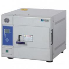 Fison benchtop autoclave has a 35 L capacity, a stainless steel chamber, and operates at 134 °C and 0.22 MPa. It features 4 sterilizing plates, with a total sterilization time of 40 min. It has automatic control, LCD display, and touch panel.
