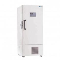 Fison upright freezer with a 340L capacity. It has a stainless steel interior with a -40 to -86°C adjustable temperature. Microprocessor control, LED display. Features include a powerful cascade, eco-friendly refrigeration, and an alarm system for secure sample storage.