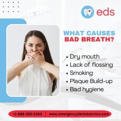 Bad Breath? | Emergency Dental Service

There are several reasons why people may experience bad breath. These include dry mouth, inadequate flossing, smoking, plaque buildup, and bad oral hygiene. These elements promote bacterial growth, resulting in bad smells. Good dental hygiene, including regular brushing, flossing, and hydration, can reduce these causes and promote fresher breath. Schedule an appointment at 1-888-350-1340.