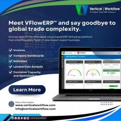 Streamline your global trade operations with ease and efficiency. VFlowERP™ offers cutting-edge solutions to manage logistics, compliance, and supply chain seamlessly. Say hello to simplicity and watch your business thrive!

Address: 2880 Zanker Road, Suite 203, San Jose, CA 95134

Phone No: +1 (800) 650 3860

Visit More - https://www.verticalworkflow.com/

#GlobalTrade #ERP #SupplyChain #Logistics #Innovation #BusinessSolutions #Efficiency #TradeSimplified #VFlowERP #verticalworkflow #USA #SanJose