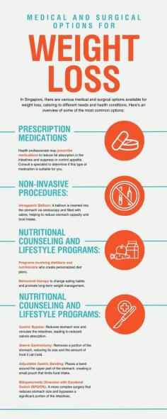 Medical and Surgical Options for Weight Loss in Singapore

If you are suffering from obesity and have had no progress in losing weight after trying numerous weight loss programs, don't worry. You might not have found the right method yet. It’s essential to keep looking for effective ways to lose weight, as obesity can be dangerous to your health if left unmanaged.

Check out this infographic that summarizes the available medical and surgical options for weight loss. Sleeve gastrectomy is a common surgical procedure that helps combat obesity and its health complications such as diabetes, sleep apnea, and many more. However sleeve gastrectomy is not for everyone. Your specialist will conduct a series of medical tests to determine if you are a good candidate for the procedure. Learn more about sleeve gastrectomy here.