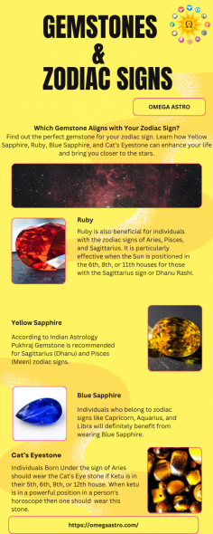 Find out the perfect gemstone for your zodiac sign. Learn how Yellow Sapphire, Ruby, Blue Sapphire, and Cat's Eyestone can enhance your life and bring you closer to the stars. 
Visit: https://omegaastro.com/gemstone/