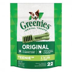 Greenies Dental Teenie Chews are for small dog dental hygiene. Formulated with lesser calories, the dental treats prevent obesity. It makes teeth strong and keeps gums healthy. These treats address smaller dogs dental problems and help maintain their dental hygiene. Along with skin and coat, this scientific formulation provides dental care.
