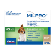 "Milpro is a broad spectrum allwormer tablet. The film-coated tablet treats and controls all major intestinal worms found in dogs. It eliminates hookworms, roundworms, whipworms and tapeworms, including hydatids. When it is used regularly, it is also effective in controlling heartworms when used monthly.

For More information visit: www.vetsupply.com.au
Place order directly on call: 1300838787"