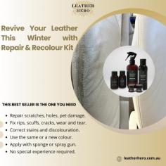 Transform your leather goods this winter with Leather Hero's premium Leather Repair & Recolour Kit. As the cold weather sets in, ensure your leather items look brand new by fixing scratches, holes, and pet damage. Our kit not only repairs but also corrects stains and discolouration, allowing you to either restore the original colour or experiment with a new one. Easy to apply by hand with a sponge or a spray gun, no special experience is required. Trust Leather Hero this winter to keep your leather looking its best, no matter the season.
