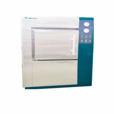 Labtron Horizontal Laboratory Autoclave, a 250 L Class B, microprocessor-controlled, fully automatic unit, features vacuum drying, 139°C sterilization, 0.22 MPa pressure, a safe door lock, auto power cut-off with a low water alarm, pneumatic sealing, and a built-in steam generator.
