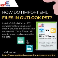  Follow simple and easy steps to import EML files into outlook PST with eSoftTools EML to PST converter software. This tool is useful to import one or more EML files into Outlook PST.
This software converts all files without changing anything.The tool convert EML file to PST MBOX, PST, DOCS and HTML etc.