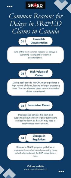 Common reasons for delays in SR&ED claims in Canada include incomplete or inaccurate documentation, insufficient detail on the scientific or technical advancements sought, and missed deadlines for filing. Claims may also be delayed due to inadequate project descriptions or lack of clear evidence demonstrating eligible activities. Other factors include errors in financial calculations or inconsistencies between the claim and supporting records. Ensuring thorough documentation and adherence to guidelines can help mitigate these delays. Visit us at https://canadiansred.ca/sred-claims-credits/
