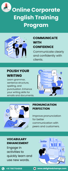 Speak Like a Pro with Delighted Champs Corporate English Training
1. Communicate with Clarity

Confident Conversations: Master professional English to communicate clearly with clients.
Flexible Learning: One-on-one and group classes tailored to company needs.
2. Polish Your Writing

Perfect Grammar & Structure: Enhance your writing skills for emails and documents.
Accuracy Matters: Learn grammar, sentence structure, spelling, and punctuation.
3. Easy & Affordable Learning

Flexible Platform: Learn at your own pace with a user-friendly interface.
Cost-Effective: Affordable rates tailored to fit your budget.
4. Pronunciation Perfection

Speak Accurately: Improve pronunciation for better communication with peers and customers.
5. Vocabulary Enhancement

Expand Your Lexicon: Engage in activities to quickly learn and use new words.
6. Public Speaking Confidence

Be Confident: Practice public speaking to prepare for any corporate setting.
Achieve Fluency in No Time!

Rapid Learning: Focus on pronunciation, vocabulary, and public speaking skills to speak confidently.
