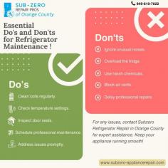 By following these essential do's and don'ts for Subzero refrigerator repair in Orange County, you can ensure your appliance remains in top working condition. Clean coils regularly, check temperature settings, and inspect door seals. Avoid ignoring unusual noises, overloading the fridge, and using harsh chemicals. Regular maintenance and prompt repairs are key to its longevity and efficiency. Keep your Subzero refrigerator running smoothly with these tips.