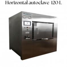 Labtron horizontal autoclave with a 120-liter volume capacity is a motorized door type with an interlock system, a built-in steam generator, and a built-in thermal printer. It features automatic temperature recording, a thermal printer with an effective sterilization temperature of 139 °C, and a 7-inch LCD touch screen for temperature and pressure observation.