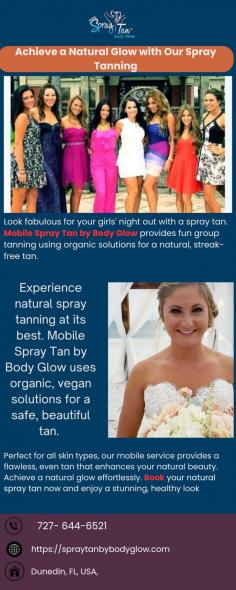 Experience natural spray tanning at its best. Mobile Spray Tan by Body Glow uses organic, vegan solutions for a safe, beautiful tan. Perfect for all skin types, our mobile service provides a flawless, even tan that enhances your natural beauty. Achieve a natural glow effortlessly. Book your natural spray tan now and enjoy a stunning, healthy look.
More Info:
Call Us :- 727 644-6521