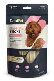 "ZamiPet Dental Sticks Puppies are delicious puppy treats formulated to support overall oral health with the added benefits of Calcium and Omega-3 for healthy growth and development. These unique four-clover-shaped sticks provide gentle abrasion during chewing and help clean tartar and plaque buildup whereas its unique formulation freshens breath, promotes healthy gums, and prevents periodontal diseases.

For More information visit: www.vetsupply.com.au
Place order directly on call: 1300838787"
