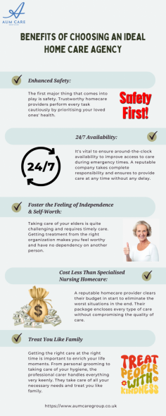 Choosing the right home care agency has many benefits such as safety, 24/7 availability, less costly than nursing home care, and many more. Receiving the proper care and support fits the patient's specific demands and gives long-term patients a much-needed sense of independence while keeping them under close observation. For better information, check out our infographic. Want to know how much does 24-hour care at home cost uk? If yes, you are at the right place. Check out here!
https://www.aumcaregroup.co.uk/how-much-does-24-hour-care-at-home-cost-in-the-uk/