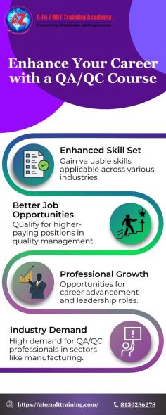 Enhance your career with our QA/QC course. Gain essential skills in quality assurance and quality control, taught by industry experts. Whether you're starting out or looking to advance, our comprehensive training offers practical knowledge and certification opportunities. Learn to ensure quality standards, mitigate risks, and excel in various industries. Enroll today to boost your resume and open doors to new career opportunities in QA/QC