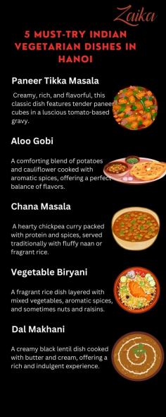 This short content provides a list of five popular Indian vegetarian dishes that are recommended for visitors to try during their trip to Hanoi. It briefly describes each dish, highlighting its key flavors and ingredients. The overall tone is inviting and suggests that these dishes can add excitement and variety to a Hanoi culinary experience. visit: https://zaikavn.com/