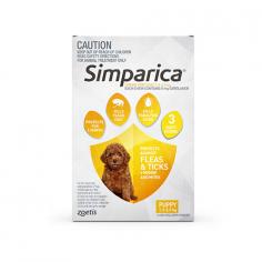 Simparica Chewables are flavoured tablets for a monthly flea and tick protection. The oral tablets start working quickly and remain strong for 35 days without losing its effectiveness. The fast acting formula starts killing fleas within 3 hours and ticks within 8 hours. When given on regular interval of one month, Simparica chewable tablets for dogs offer persistent protection from fleas and ticks.
