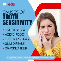 Tooth Sensitivity | Emergency Dental Service

Tooth sensitivity can be an unpleasant and sometimes painful experience. Tooth decay, acidic foods, teeth grinding, gum disease, and cracked teeth are common causes of tooth sensitivity. If you're experiencing sudden or severe tooth sensitivity—Emergency Dental Services is here to help.  Schedule an appointment at 1-888-350-1340.