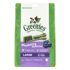 Greenies Blueberry Dental Chews are newly formulated treats for dog’s total oral hygiene. With fewer calories, this dental product addresses the growing problem of canine obesity. The scientifically proven formula provides a great deal of oral health benefits along with healthy skin and coat.
