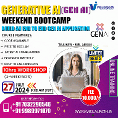 Attend Online Weekend Boot Camp on #GenerativeAI (GenAI)
Boot Camp on 27th JULY, at 9 AM (IST).
Limited Slots - (2 Weekends), Fee -10,000/-
Contact us: +91 9989971070.
Visit our Blog: https://visualpathblogs.com/
WhatsApp: https://www.whatsapp.com/catalog/917032290546/
Visit: https://visualpath.in/generative-ai-course-online-training.html
