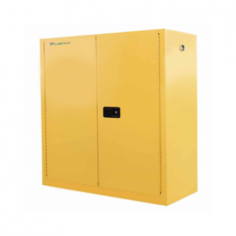 Labtron 170 L Flammable Storage Cabinet offers dual-walled, fire-resistant construction with 38 mm insulating air space, reinforced doors with a 3-point latch, two adjustable shelves, 2-inch vents with flame arresters, spill catcher shelves, and lead-free powder coating.