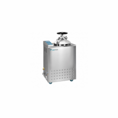  Labtron Vertical Autoclave is a top-loading steam sterilizer with a 50 L capacity, 105–134 °C temperature range, 0-99 minute timer, and 0.22 MPa pressure. It features a stainless steel body, a handwheel door with a safety lock, an LCD display, and multiple pulse vacuum drying.
