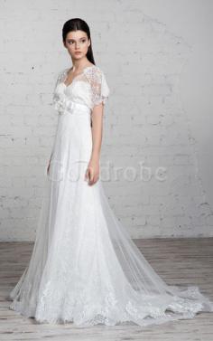 Robe de mariée simple de traîne courte v encolure avec ruban avec fleurs