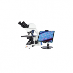 Labnic Digital Microscope has a 360° rotatable Siedentopf binocular head, 30° inclined. Features a 23.2mm eyepiece diameter, 54–75mm interpupillary range, plan optical system, inward quadruple nosepiece and double-layer stage with double slide holder for precise observation.