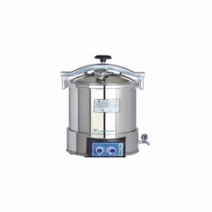 Labtron Portable Autoclave is an 18L, electric-heated, microprocessor-controlled unit with a 126°C sterilizing temperature, a 0–60 minute timer and a working pressure of 0.14 to 0.16 MPa.  It features a temperature adjustment of 105–126 °C overheating and pressure warnings, indicator lights, an auto-beep, and stainless steel construction.