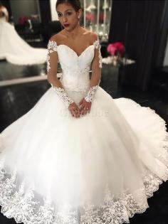 Robe de mariée naturel epaule nue manche nulle de mode de bal en tulle