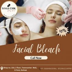 "Facial bleach lightens skin tone, reducing dark spots and uneven pigmentation for a radiant, glowing complexion with a refreshed look."
