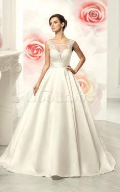 Robe de mariée v col profonde jusqu'au sol en satin decoration en fleur manche nulle