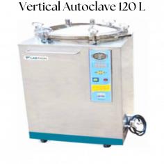 Labtron vertical autoclave with a 120-liter capacity is designed with an LCD display with a touch-key pad that shows sterilization time, temperature, working status, and a safety interlock device that does not allow the door to open until there is no pressure in the chamber. It has a silicon rubber seal, a safety valve, and overpressure auto-discharge.