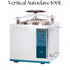 Labtron vertical autoclave with 100L capacity is designed with an indicator light that indicates working status, a dual scale numerical pressure gauge, and a safe inflating type seal. It features a safety valve and door locking system with a pressure or temperature overloading protection device, four wheels for easy movement of the unit, and a self-bulge seal ring to prevent leakage. 