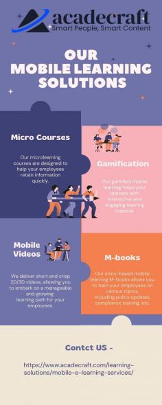 Mobile e-learning platform providers are in high demand, addressing the growing corporate and educational needs with outstanding services. These platforms offer interactive methods to impart educational outcomes, helping learners cover their curriculum and improve efficiency. Companies and corporations rely on mobile e-learning solutions to empower their employees through phone-based training programs, enhancing performance and productivity. Embrace the future of education and corporate training with Acadecraft's tailored mobile e-learning solutions, designed to meet the dynamic demands of the industry.