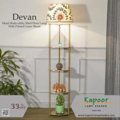 Illuminate your space with style and functionality! The Devan Metal Multi Utility Shelf Floor Lamp with a Printed Linen Shade not only brightens your space but also offers handy storage. Ideal for displaying your favourite items or keeping essentials within reach.