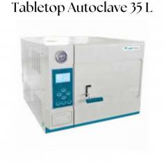 Labtron tabletop autoclave with 35 L capacity is designed with an automated drying function, automatic cold air discharge from the system chamber, and auto exhaustion of cool air. It features a digital LCD to monitor working status and parameters, a self-inflating leakproof chamber, and stainless-steel sterilizing baskets. 