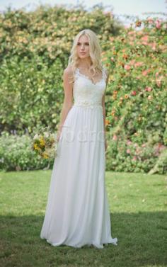 Robe de mariée charmeuse de col en v fermeutre eclair avec fleurs ligne a