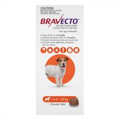 Bravecto Chewable for Small Dogs is a long-lasting protection from fleas and ticks for 4.5-10kg dogs. A single dose of Bravecto Orange pack treats fleas for 3 months, controls paralysis ticks for 4 months, and protects against brown dog ticks for 8 weeks. Plus, it treats infestations caused by bush ticks, sarcoptes, demodex, and ear mites.
