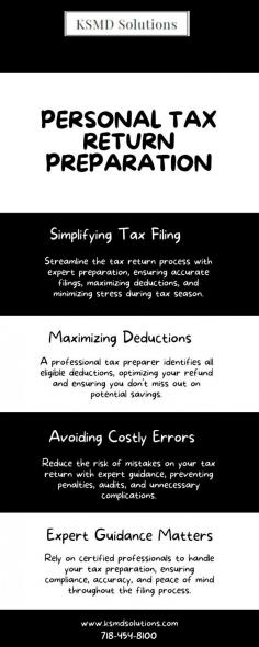 Professional Personal Tax Return Preparation by KSMD Solutions

KSMD Solutions specializes in personal tax return preparation to ensure accurate and timely filings. Our experienced team offers personalized service to maximize your tax benefits and minimize stress. Trust KSMD Solutions for expert advice and comprehensive support. Get your tax return prepared efficiently and correctly—contact us today for professional assistance.

For more info, visit: https://ksmdsolutions.com/licensed-tax-preparer
