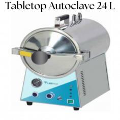 Labtron tabletop autoclave with a 24 L capacity is equipped with automatic power cut-off with an alarm at low water levels, stainless steel sterilizing baskets, and improved with an automatic cold air discharge system. It features auto-exhaustion of cool air and a safe door lock system, ensuring safety. 