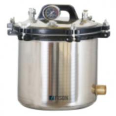 Fison portable autoclave is an 18L compact top-load unit with electric or LPG heating. It offers sterilization at 126 °C and 0.14 to 0.16 MPa. It features overheat warnings, a water level indicator, an auto-beep, and a stainless steel chamber and baskets. Ideal for saving space and reliable work.