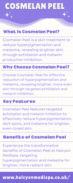 Cosmelan Peel at Halcyon Medispa is a potent treatment designed to reduce hyperpigmentation, even skin tone, and improve texture. This advanced peel targets melasma, sunspots, and acne scars, delivering noticeable brightening and rejuvenation. The procedure ensures radiant, clearer skin with minimal downtime and lasting results.